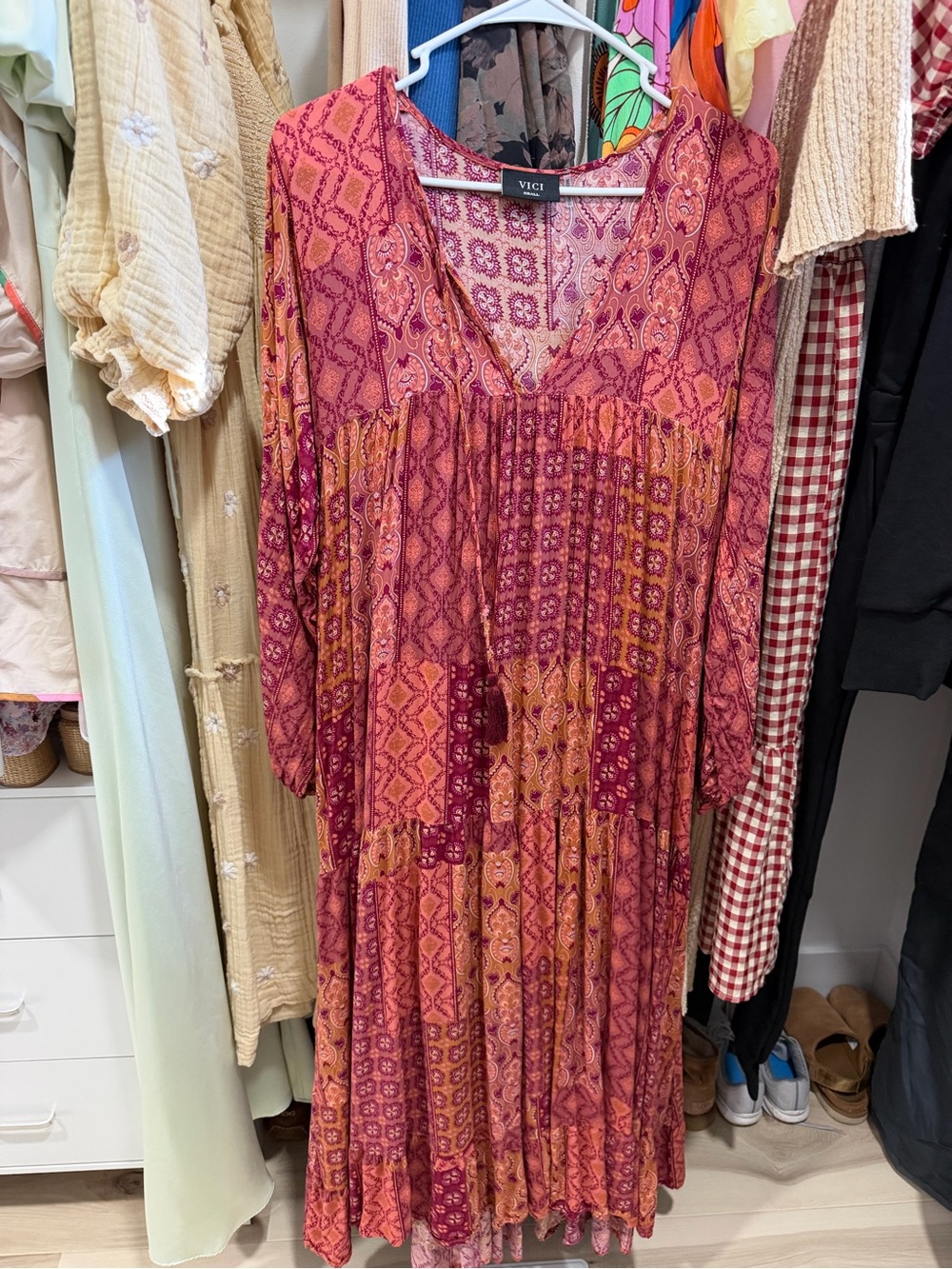 Vici Boho Patchwork Maxi Dress in Rust and Pink
